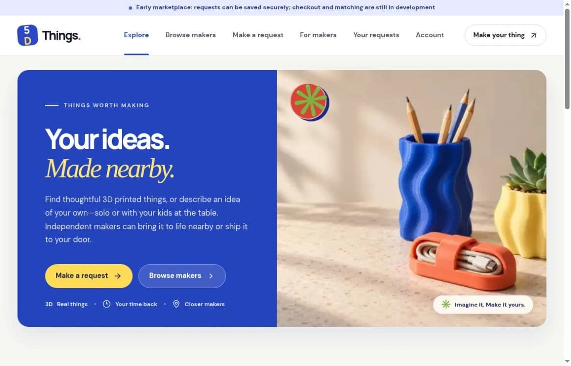 5D Things marketplace landing page showing colorful 3D-printed objects and a make-a-request option.