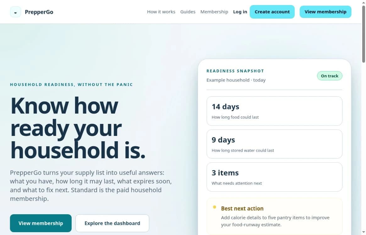 PrepperGo landing page with an example household readiness snapshot for food, water, and next actions.