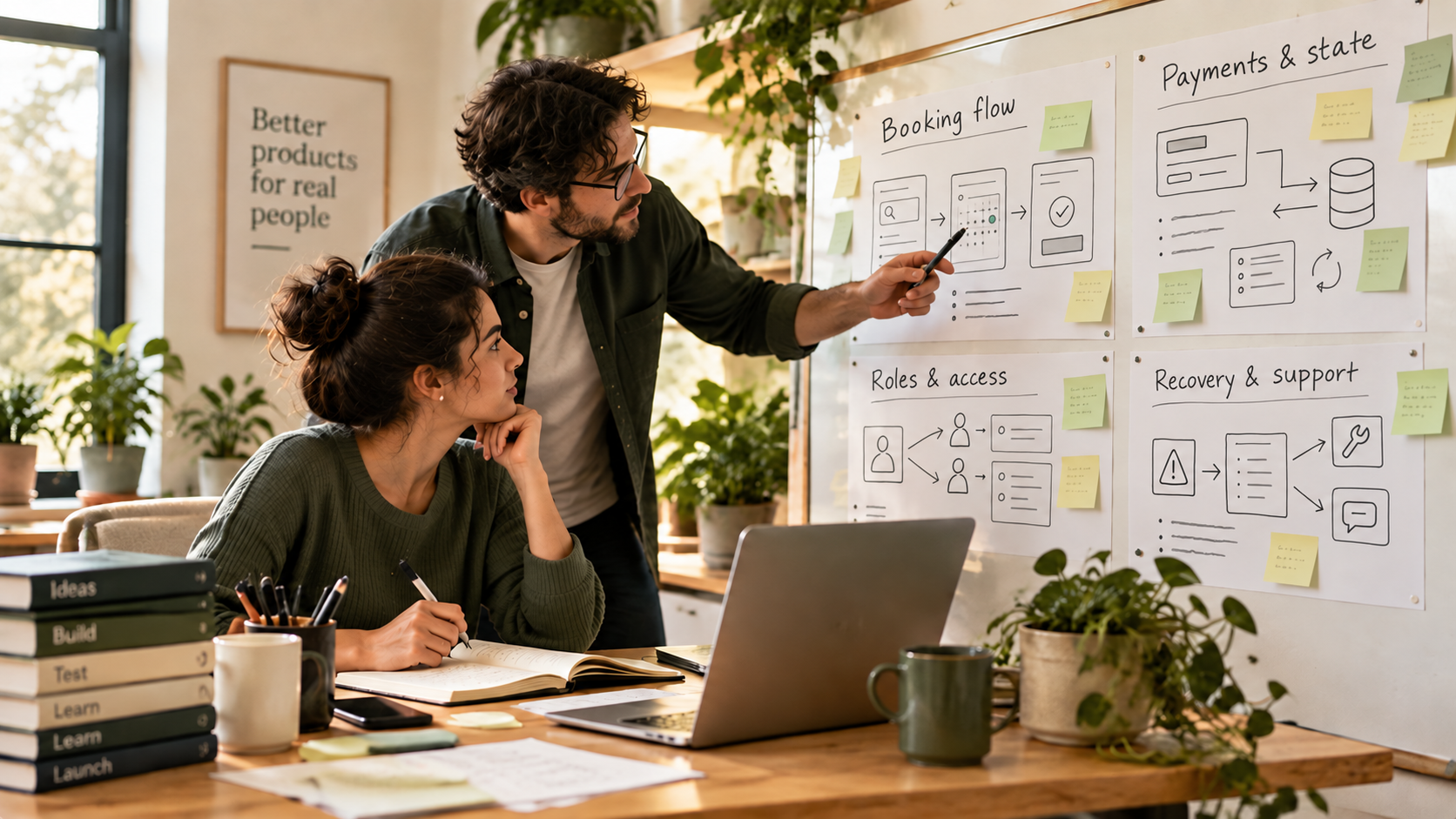 AI-generated editorial photograph of fictional adults collaborating in a warm workspace with planning boards labeled around booking flow, payments and state, roles and access, and recovery and support. No customer result, product proof, or real client scenario is depicted.