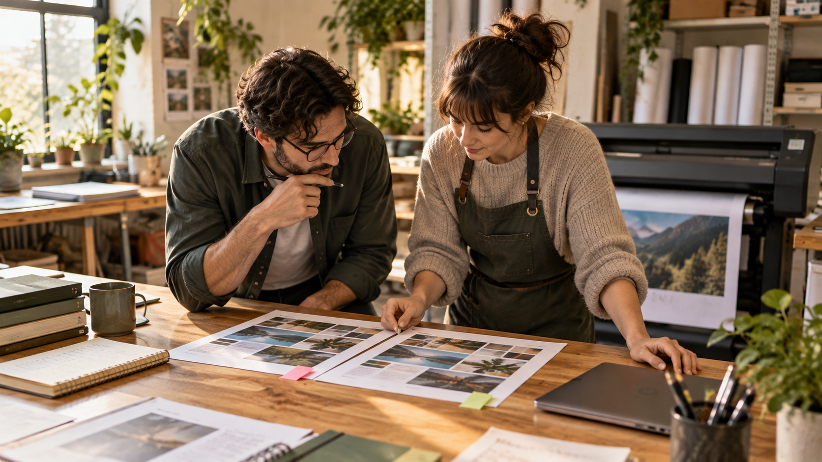 AI-generated editorial photograph of two fictional adults in a warm print studio comparing two printed proof sheets at a wooden worktable, with sticky tabs, a laptop, notebooks, plants, and a large-format printer in the background.