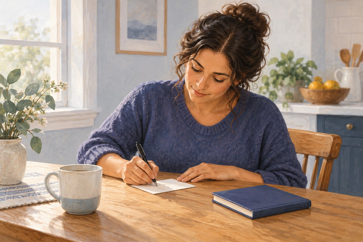 A fictional adult writing one question at her kitchen table beside a closed notebook.