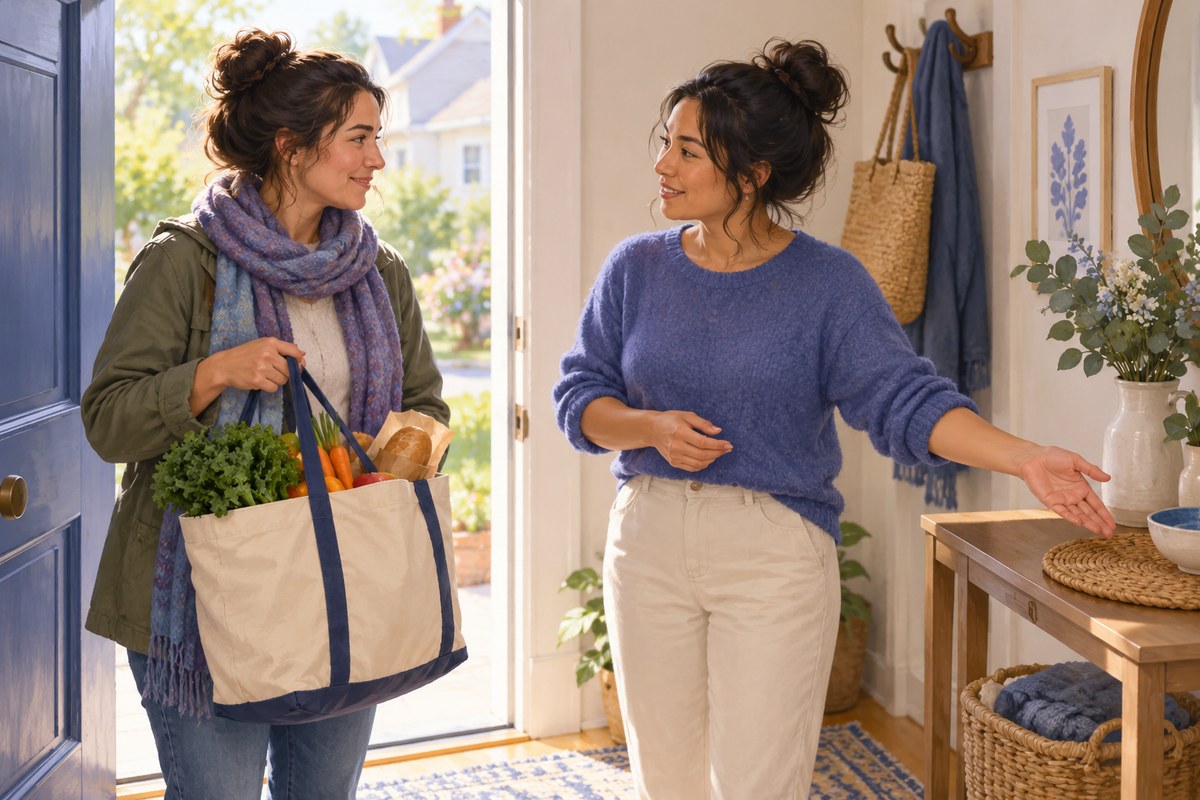 Two fictional adults arranging a grocery drop-off at a doorway.