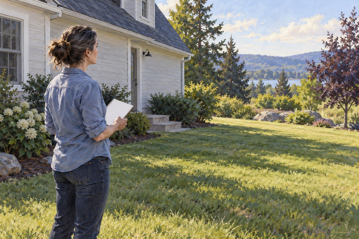 A fictional adult holding a blank notebook while looking across a yard beside a closed house; no generator is shown.