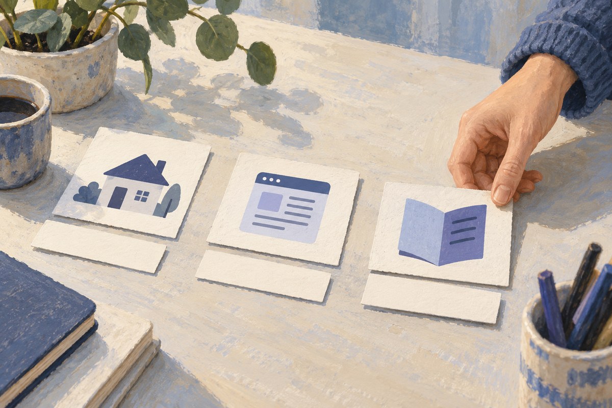Three conceptual image cards with house, application and booklet icons, each paired with a separate blank label card.