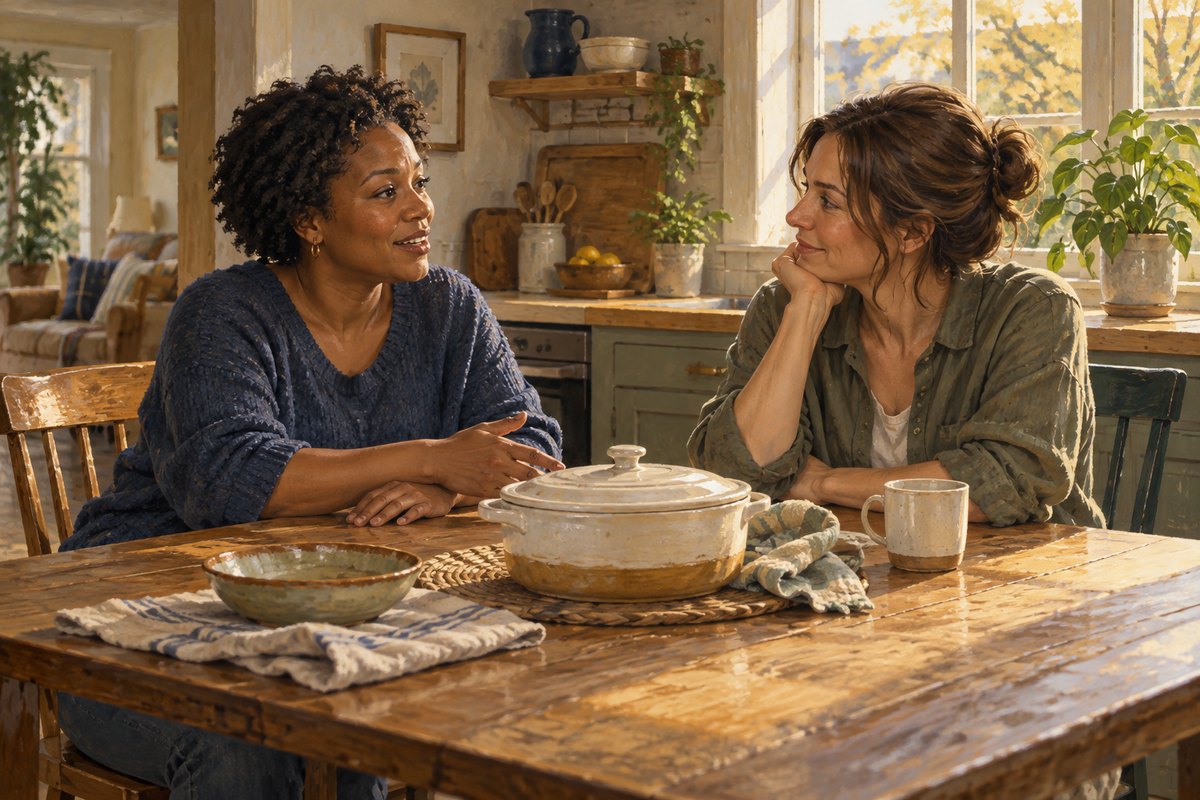 Warm painterly scene of two women talking at a kitchen table. A covered meal and cup sit nearby.
