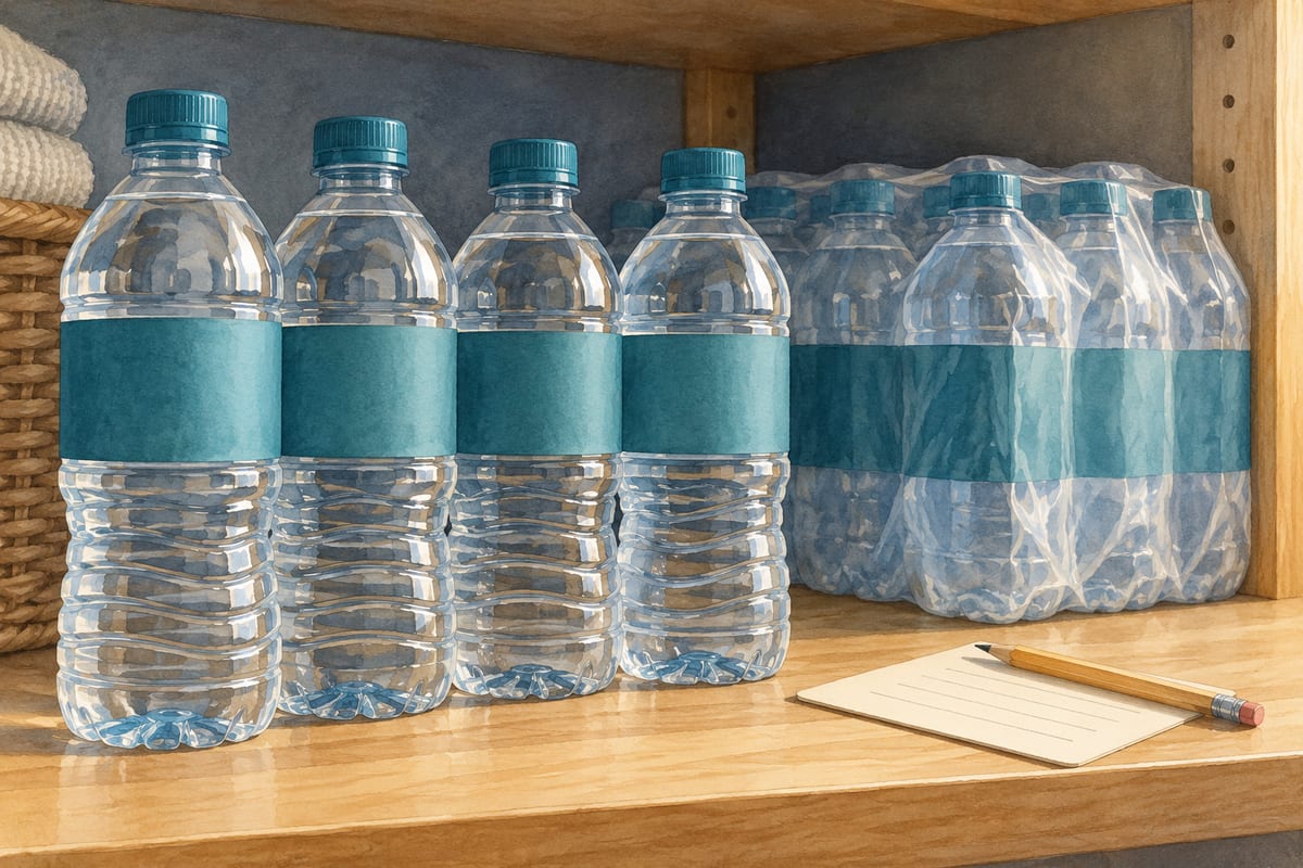 Unopened bottled water and a wrapped multipack beside an inventory card in a shaded cupboard.