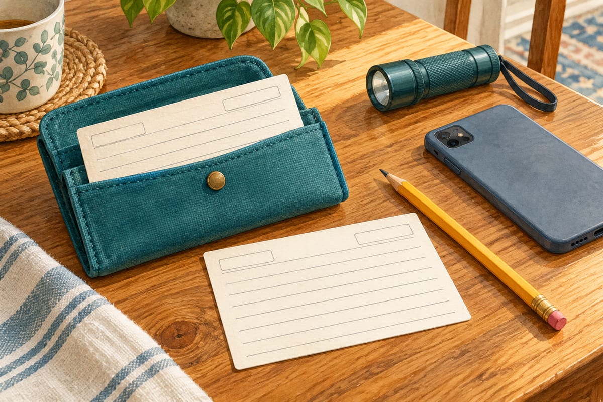 Blank paper contact cards beside a teal wallet, pencil, phone and flashlight on a kitchen table.