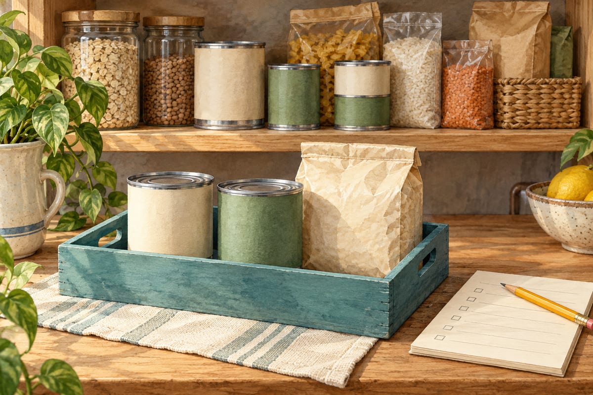 A teal tray with closed food cans and a sealed packet in front of an orderly pantry shelf.