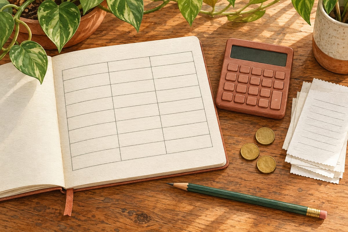 A blank planning table, calculator and plain receipts arranged for a small campaign budget review.