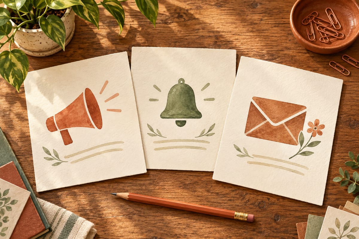 Three paper cards with announcement, reminder and envelope symbols laid out in a message sequence.