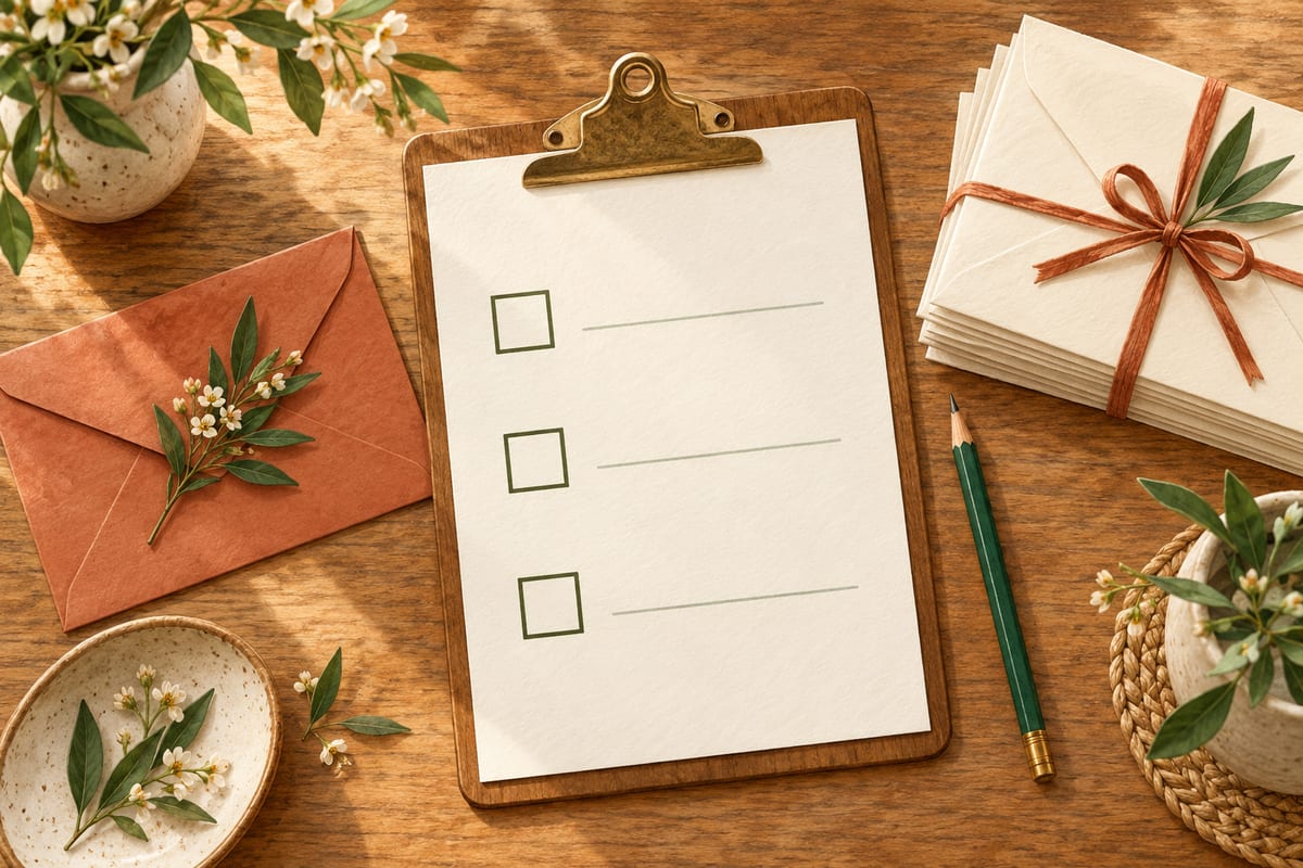 A blank preference checklist beside plain envelopes and a green pencil on a wooden desk.