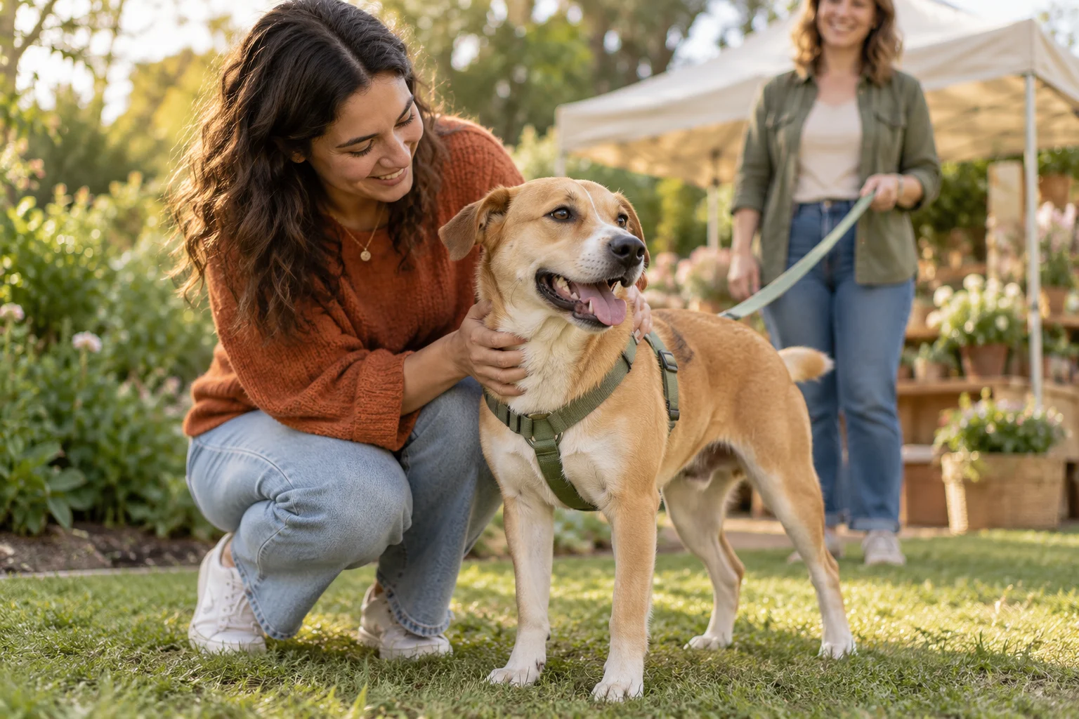 An adult greets a friendly rescue dog while a volunteer holds its leash at a garden adoption event.