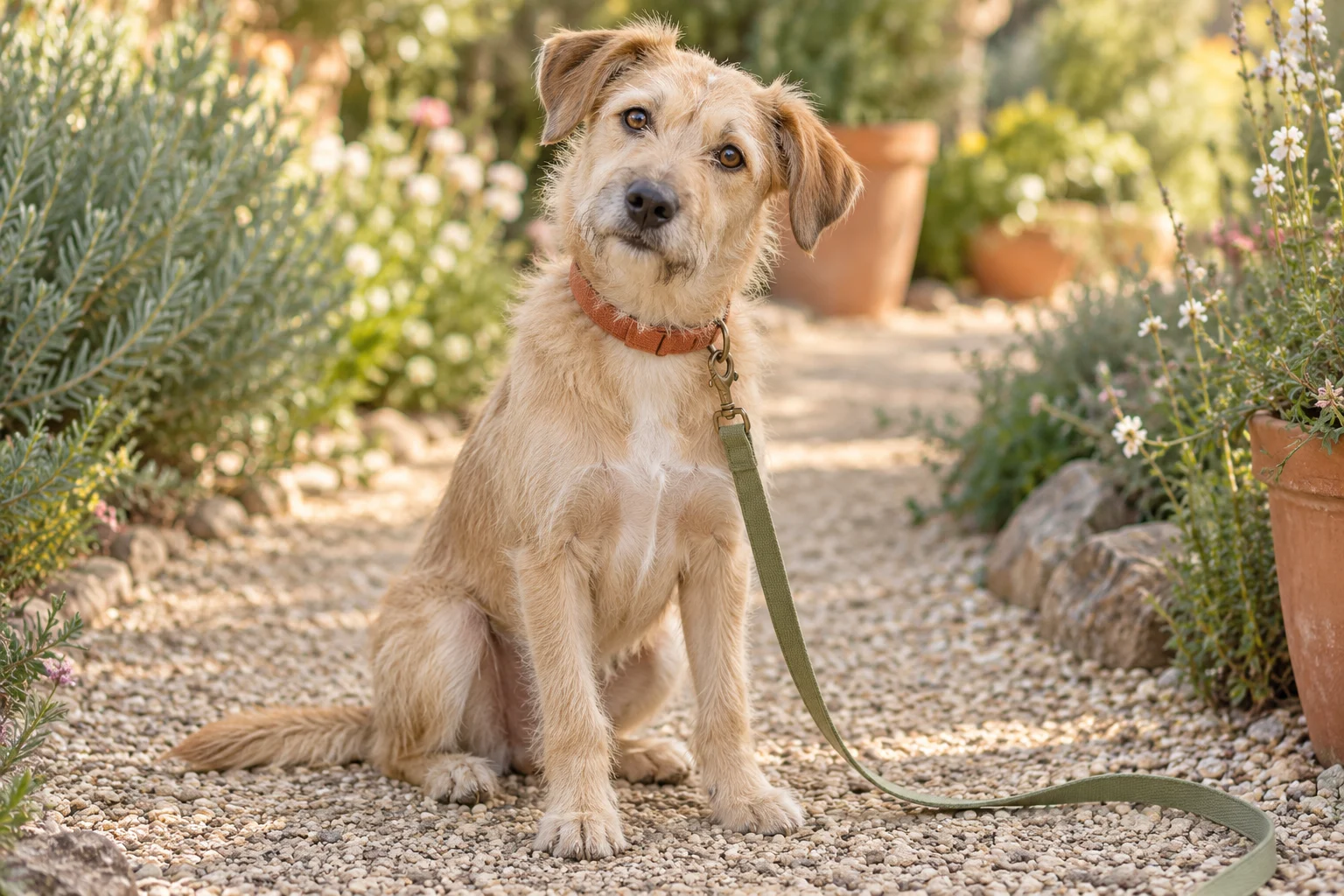Milo, a scruffy sandy rescue dog, sits with a sage leash on a sunny garden path.