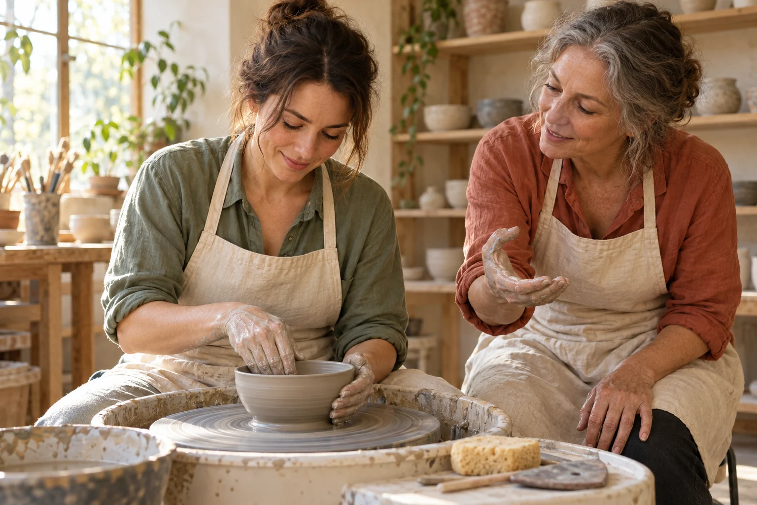 An instructor guides a student shaping a clay bowl in a sunlit pottery studio.