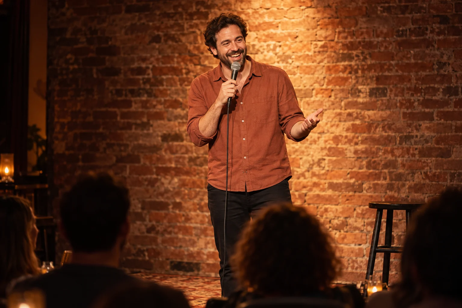 A stand-up comedian shares a joke on a warmly lit brick-wall stage.