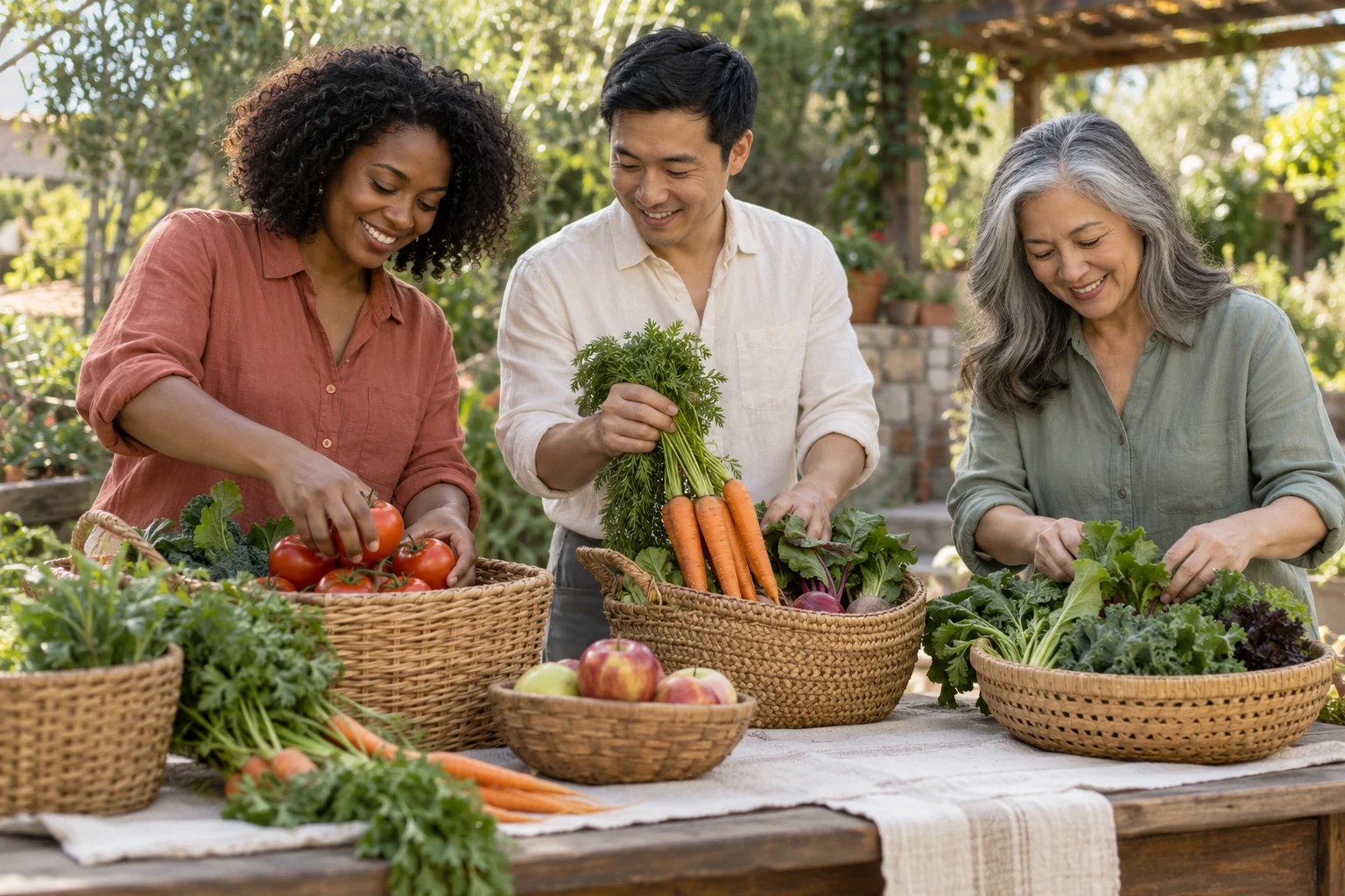 Three adult volunteers arrange fresh vegetables in woven baskets at an outdoor community fundraiser.