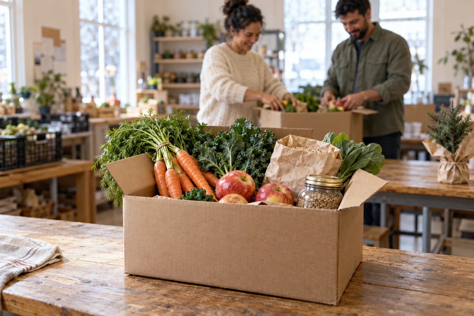 A grocery box of fresh produce and staples is ready as volunteers prepare community pickups.