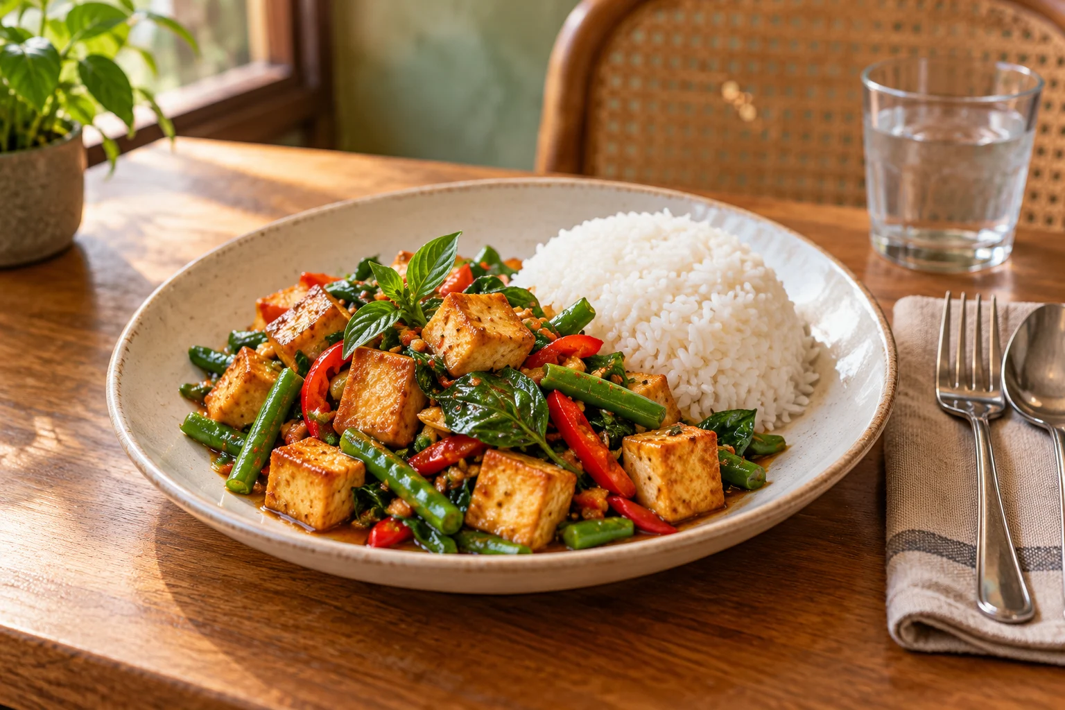 Thai basil tofu stir-fry with vegetables and jasmine rice on a cafe table.